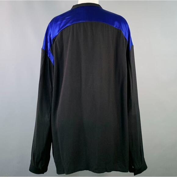 Size M Black Blue Viscose Silk Nehru Collar Hidden Buttons Shirt - Picture 3 of 5